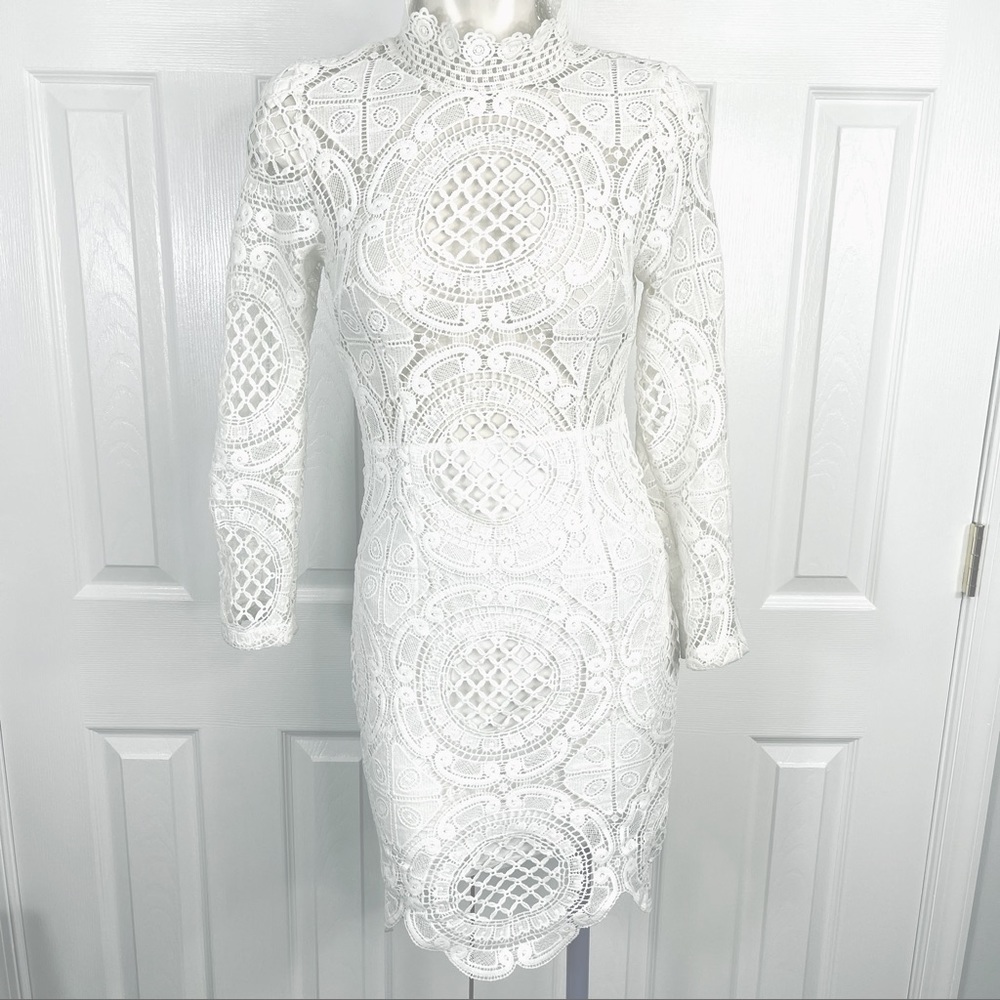 ANGEL BIBA white ivory lace dress Zipper Back Lined Long sleeve mock neck 8